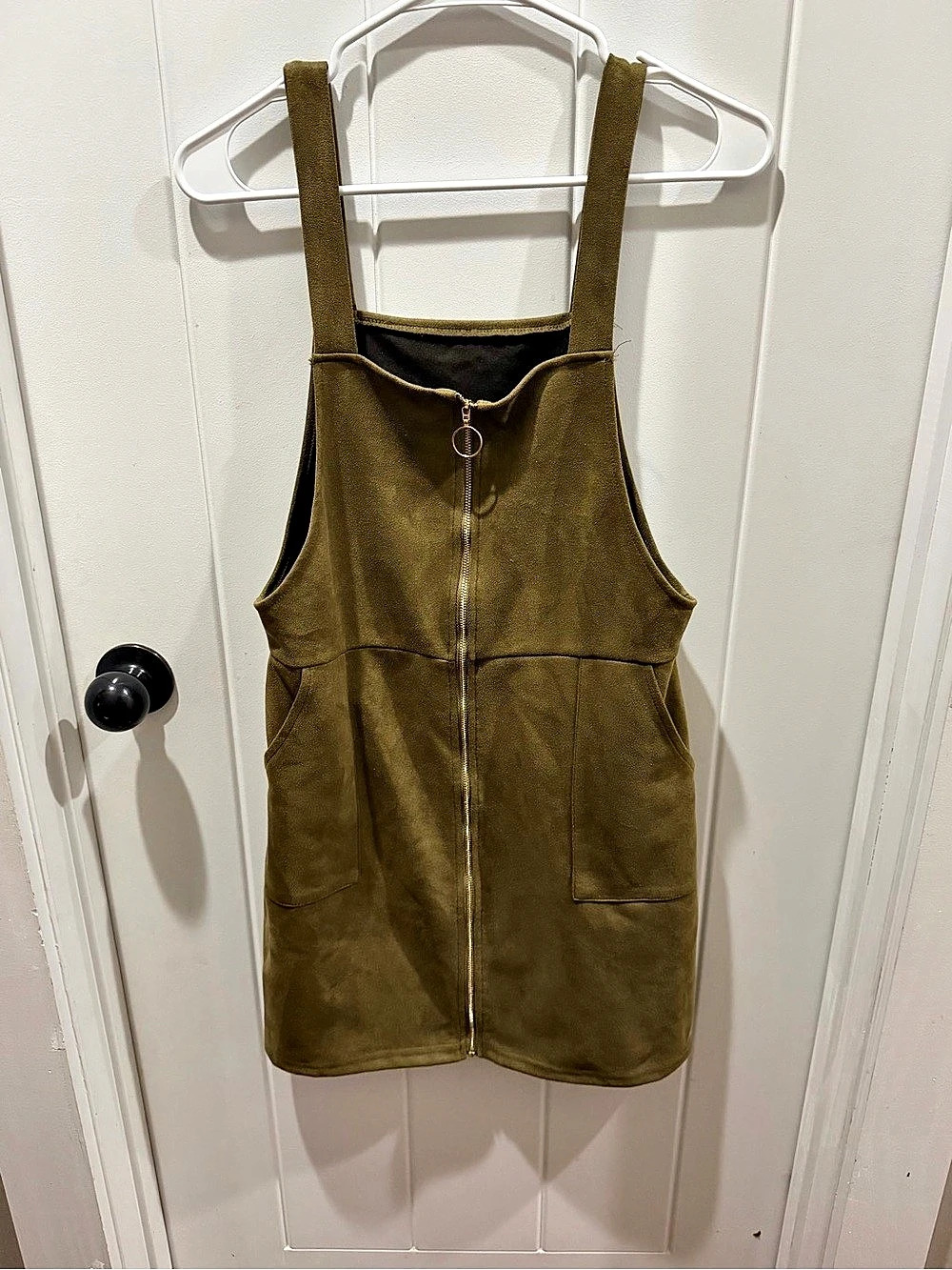 Faux Suede O-Ring Pinafore Dress Olive Mini Overall Dress Size